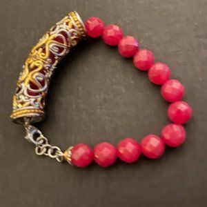 Pink  Jade Stone sterling silver bracelet; with removable "cuff" in gold/silver